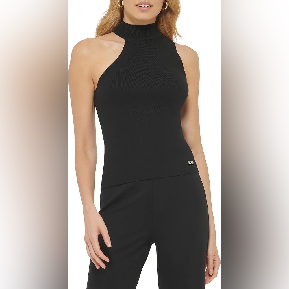DKNY Black Mock Neck Cold Shoulder Top